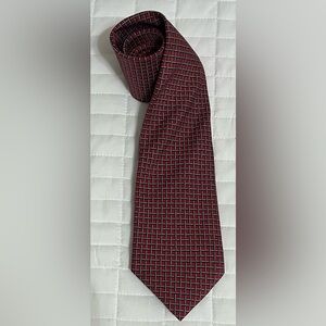 Barneys New York Silk Tie Geometric Woven Handmade in Italy Burgundy White Black